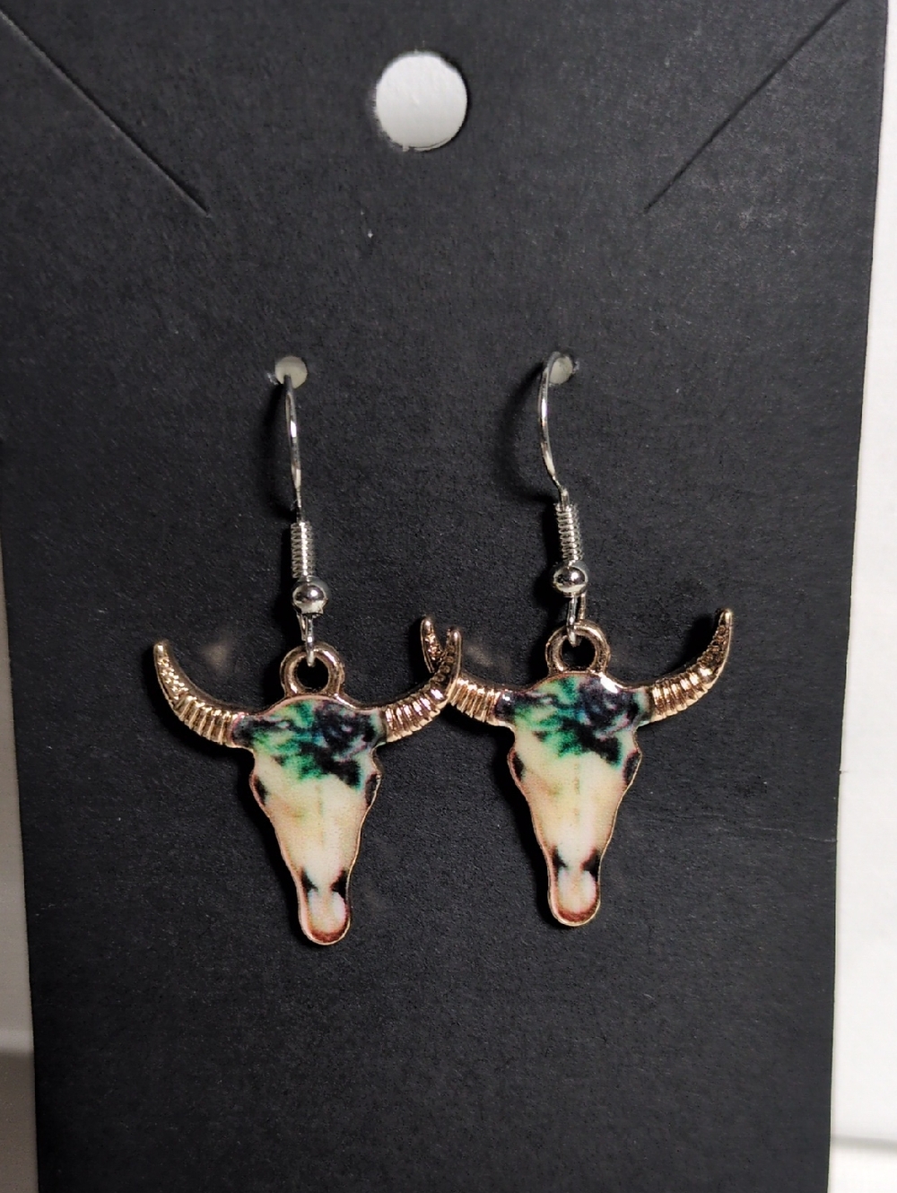 Bull Skull Dangle Earrings in Cream and Teal